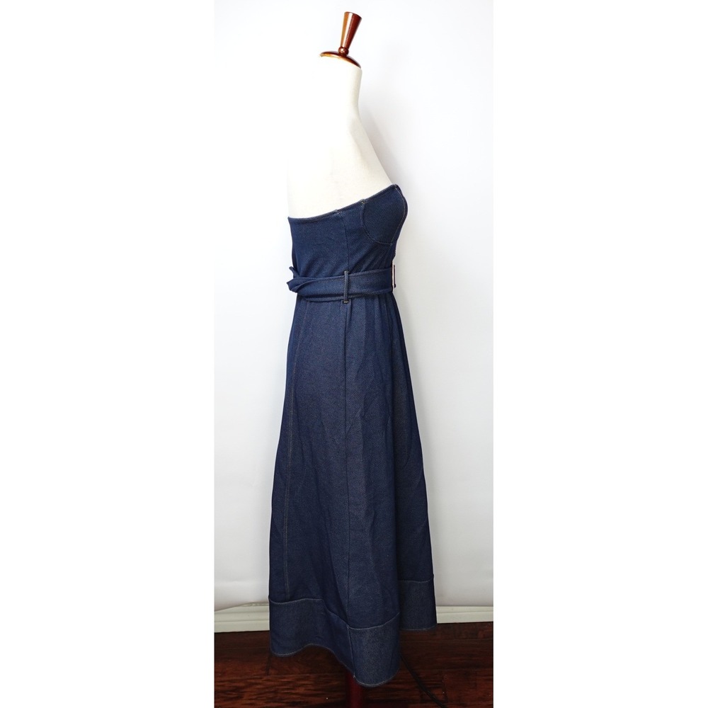 Zara Strapless Denim Midi Dress Dark Wash Belted Corset Bodice Indigo Blue - Picture 5 of 6